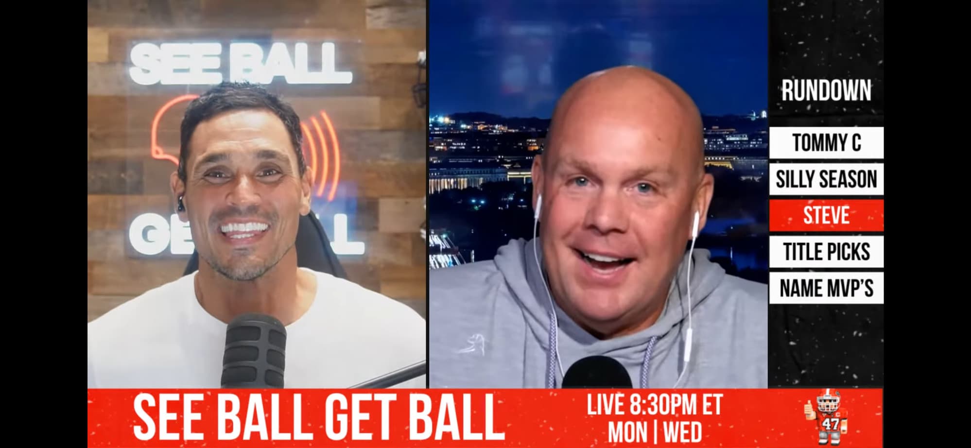 Two hosts on a live sports show, with the Big Ticker scrolling across the bottom